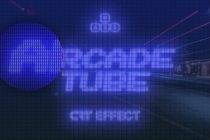 Neon pixel sphere with glowing digital landscape in blue, magenta, with light trails across dark grid background