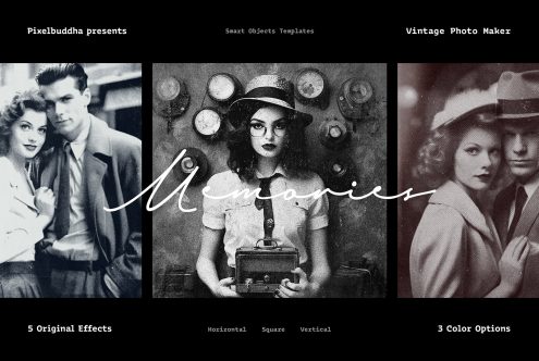 Vintage Photo Maker template by Pixelbuddha with 5 original effects horizontal square vertical formats 3 color options classic retro style design mockup