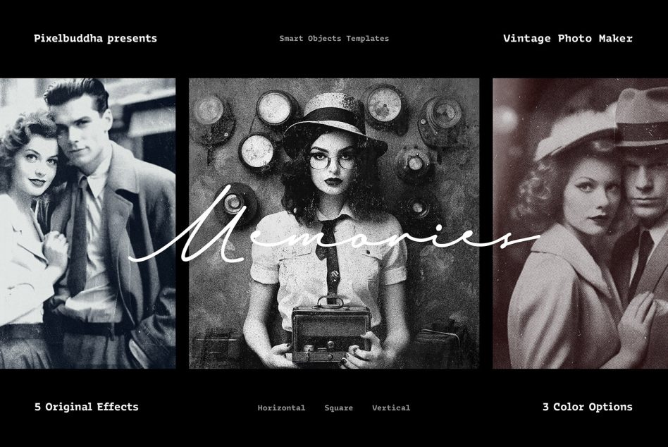 Three black white vintage photos with retro effects, grain texture, includes 5 filters plus 3 color options