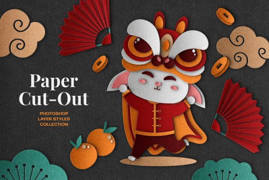 Photoshop paper cut-out layer styles collection with Chinese New Year theme including a cute lion dancing, fans, oranges, clouds, and coins.