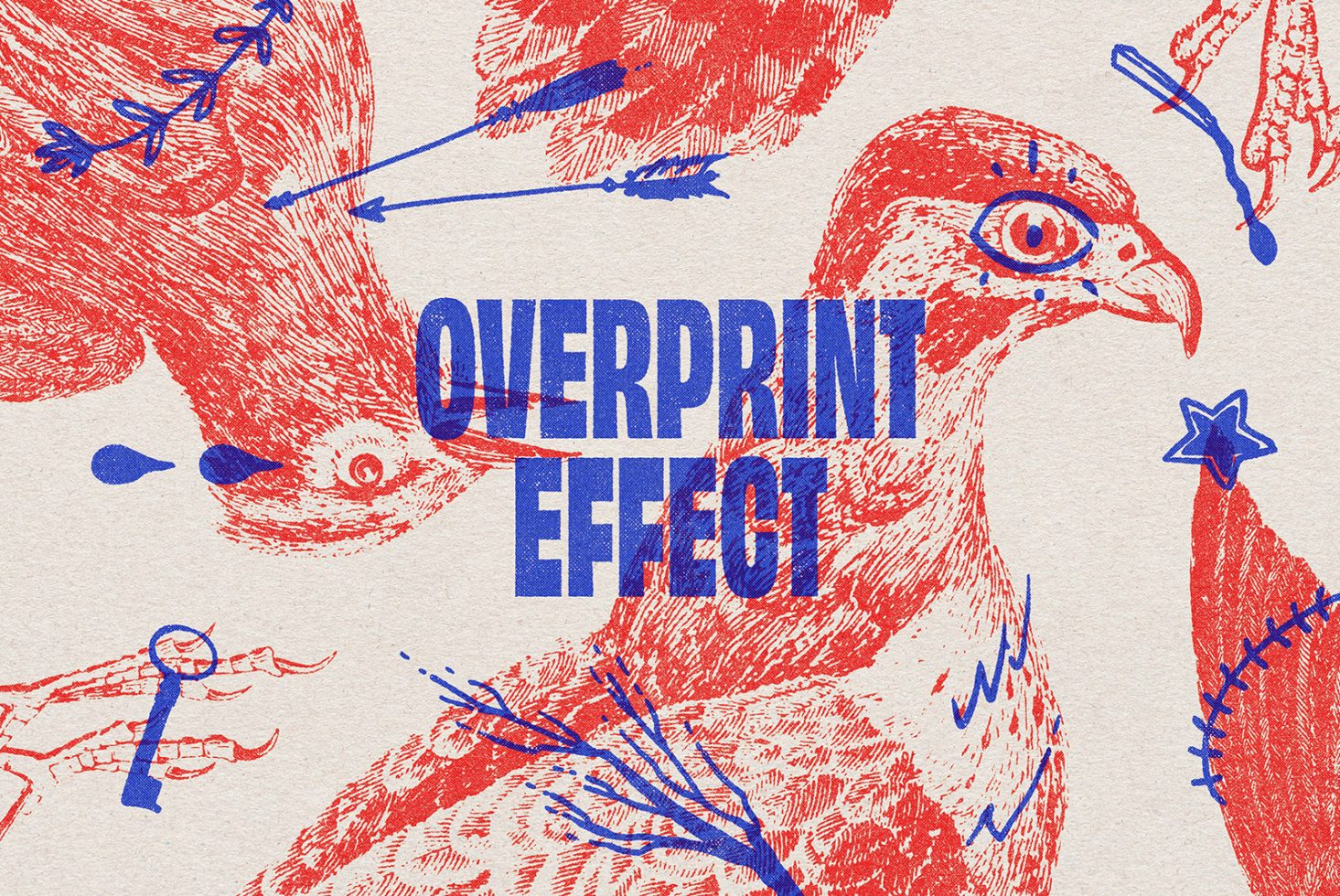 Overprint effect poster design featuring red and blue detailed illustrations of birds with a retro style. Ideal for designers seeking unique graphic templates.