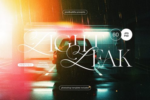 Light Leak Overlays Collection with 60 JPG and PSD files, perfect for creating vibrant, nostalgic effects on your designs. Includes Photoshop template.