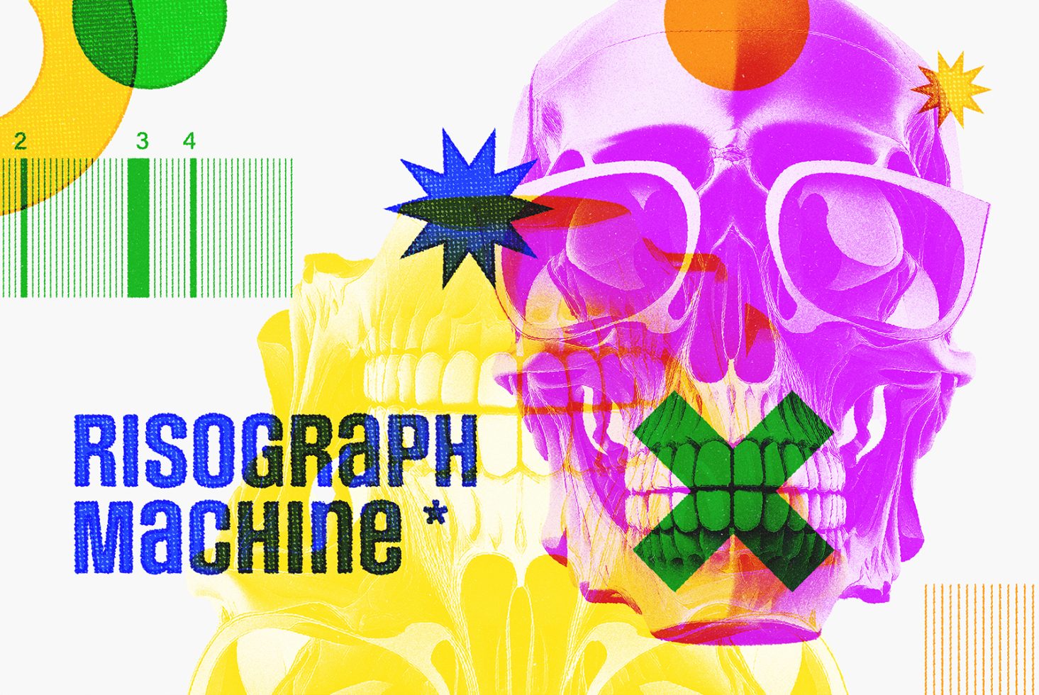 Colorful risograph skull graphic design template blending vibrant pink yellow green elements and retro overlays ideal for designers in need of unique digital assets