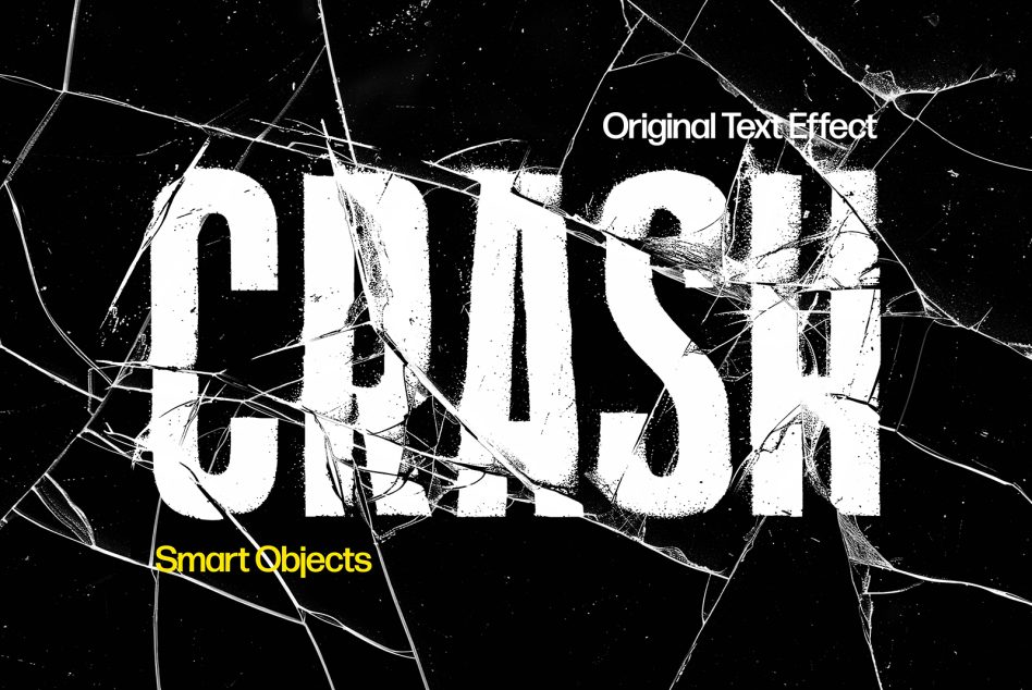 Grungy text effect reading CRASH with shattered glass overlay suitable for digital assets. Ideal for designers, graphics, smart objects, templates, mockups.