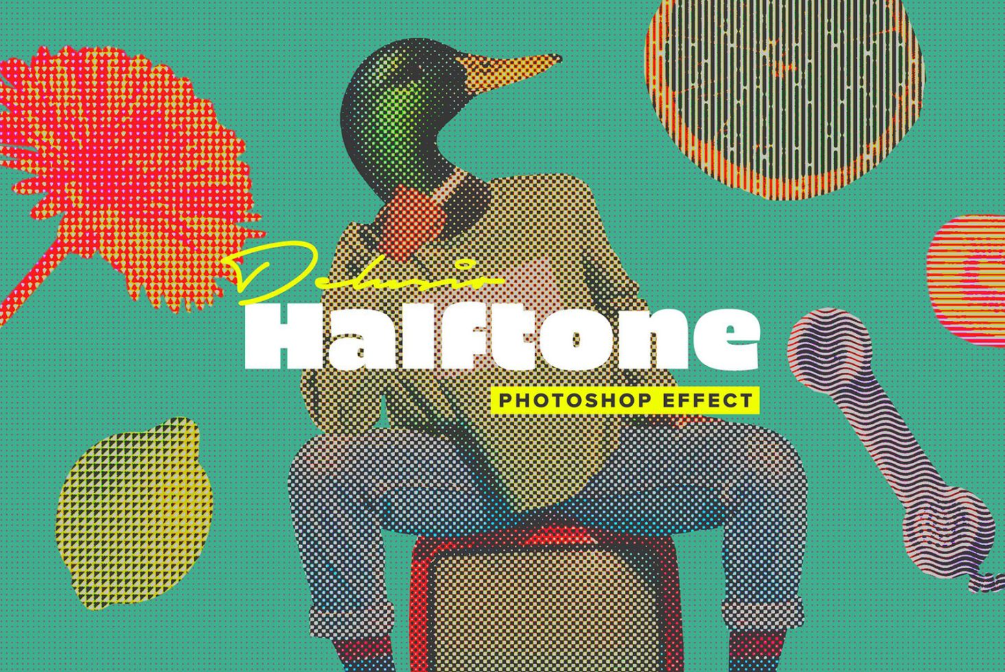 Halftone Photoshop effect with vintage style pop art, vibrant colors and duck-headed person, ideal for designers. Perfect for graphics, templates, and mockups.