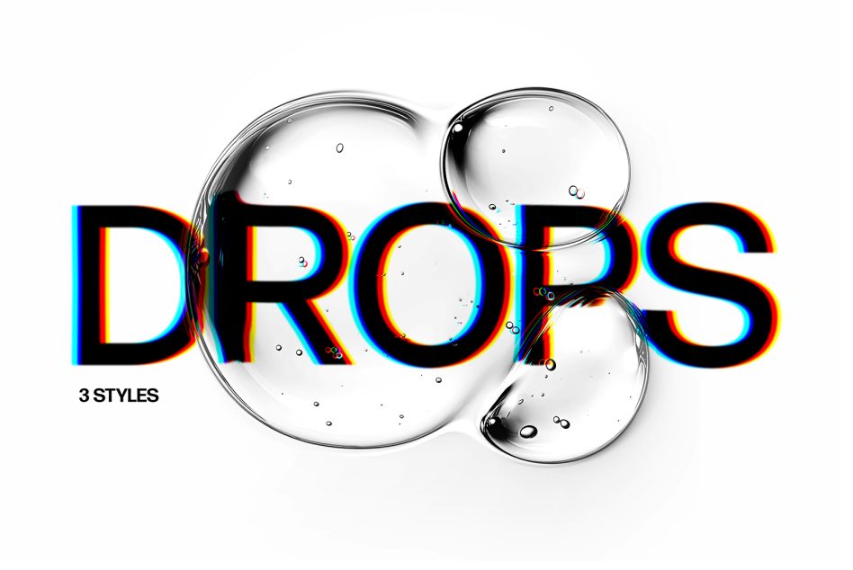 Creative mockup featuring the word DROPS over water droplets with a glitch effect. Perfect for graphic designers seeking modern, vibrant text styles and visual effects.