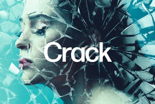 Cracked glass effect overlaying a woman's face on teal background. Design element for digital assets. Keywords: mockup, graphics, cracked effect, overlay.