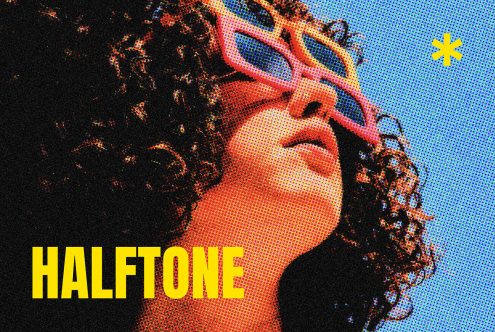 Halftone effect image of a person with curly hair wearing sunglasses against blue sky. Design asset for graphics, mockups, templates SEO keywords: halftone, graphics, design