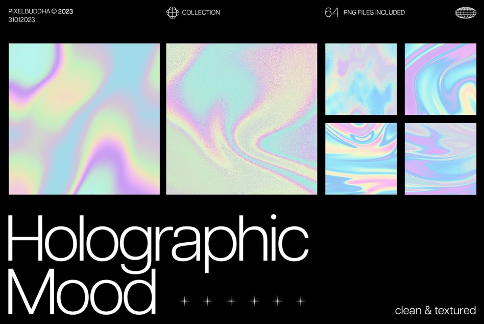 Holographic Mood collection for designers includes 64 PNG files of vibrant, pastel, and textured backgrounds ideal for graphics, mockups, and templates.