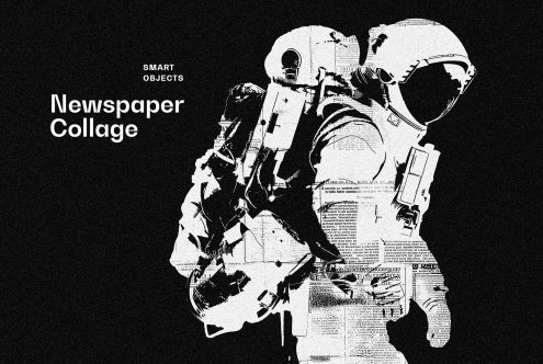 Newspaper collage of astronaut in black and white suitable for graphic design projects includes smart objects ideal for designers creating unique artworks.