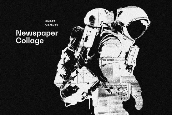 Newspaper collage of astronaut in black and white suitable for graphic design projects includes smart objects ideal for designers creating unique artworks.