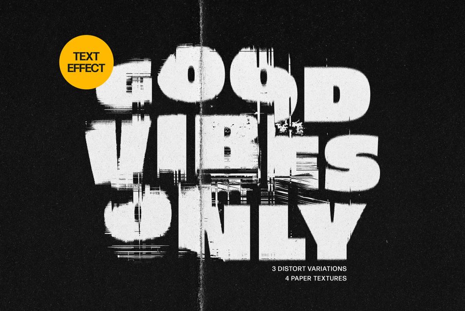 Glitchy distorted typography with scan lines on black background, 3 variations with paper textures included