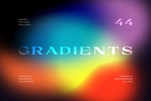 Abstract gradient collection with vibrant and monochrome colors. Includes 44 unique gradients with grainy options. Ideal for designers and digital projects.