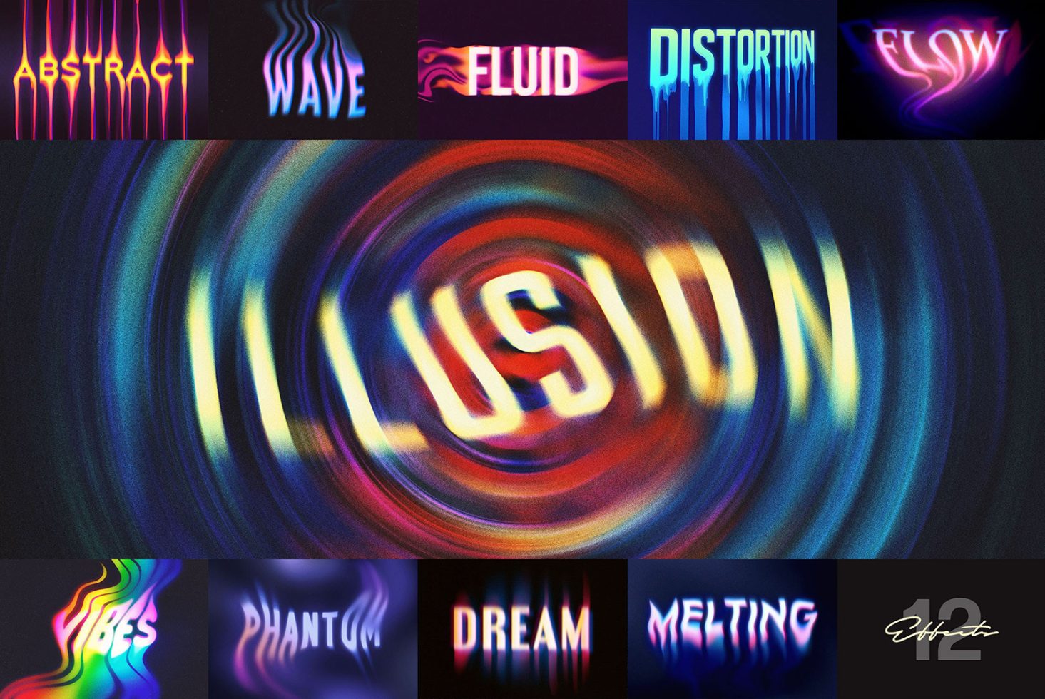 Abstract text effects bundle with 12 vibrant designs such as wave, fluid, distortion, and illusion perfect for graphic design mockups and templates.