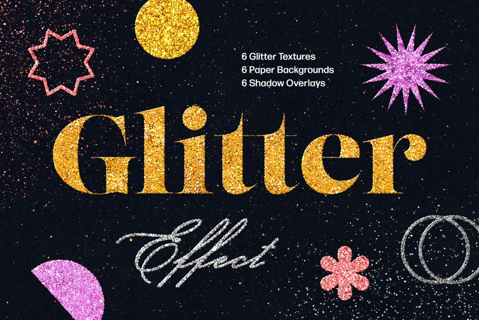 Glitter effect graphic pack for designers with 6 glitter textures 6 paper backgrounds 6 shadow overlays. Ideal for mockups templates and digital assets