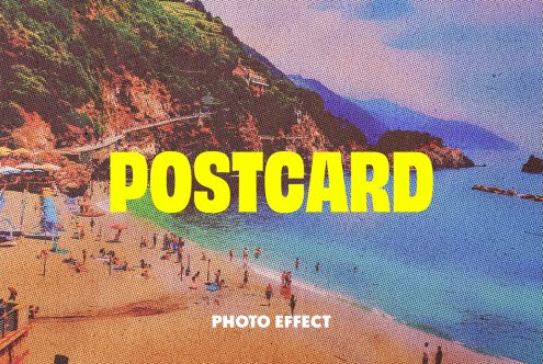 Postcard photo effect beach scene halftone style designers graphic asset ocean mountains vibrant colors mockup for vintage-themed projects.