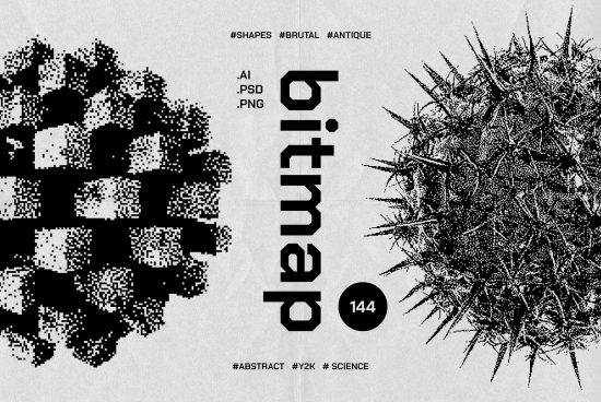 Abstract bitmap shapes for designers in AI, PSD, and PNG formats featuring brutal antique styles. Ideal for graphics, mockups, templates, and Y2K designs.