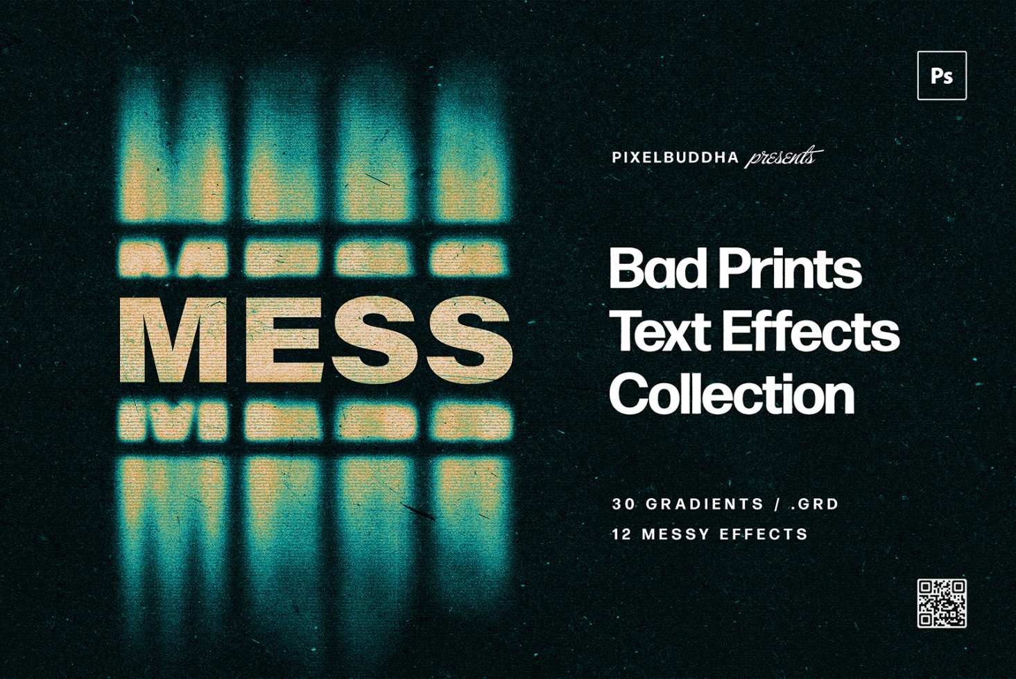 Text effect mockup displaying Bad Prints Text Effects Collection with 30 gradients and 12 messy effects, ideal for designers. Suitable for Photoshop PSD files