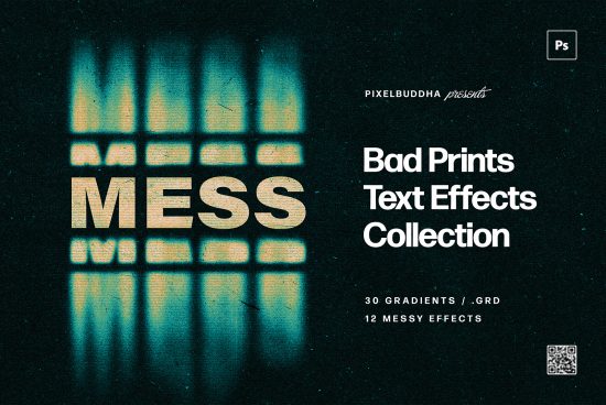 Text effect mockup displaying Bad Prints Text Effects Collection with 30 gradients and 12 messy effects, ideal for designers. Suitable for Photoshop PSD files