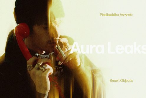 Aura Leaks Mockup by Pixelbuddha featuring a man holding a red phone and cigarette in a vintage style, suitable for designers creating realistic light effects.