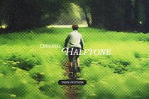 Cyclist riding through neon green field with halftone dot texture overlay, three pattern variations