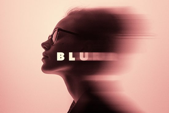 Profile of a person wearing glasses with blurred motion effect. Text BLUR over the image. Ideal for graphics template, digital asset, designer resources.