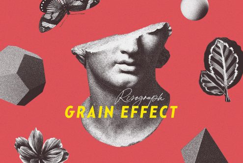 Digital asset showcasing risograph grain effect for designers featuring geometric shapes, statue bust, butterfly, leaves, and flower on a red background. GraphicsMockup