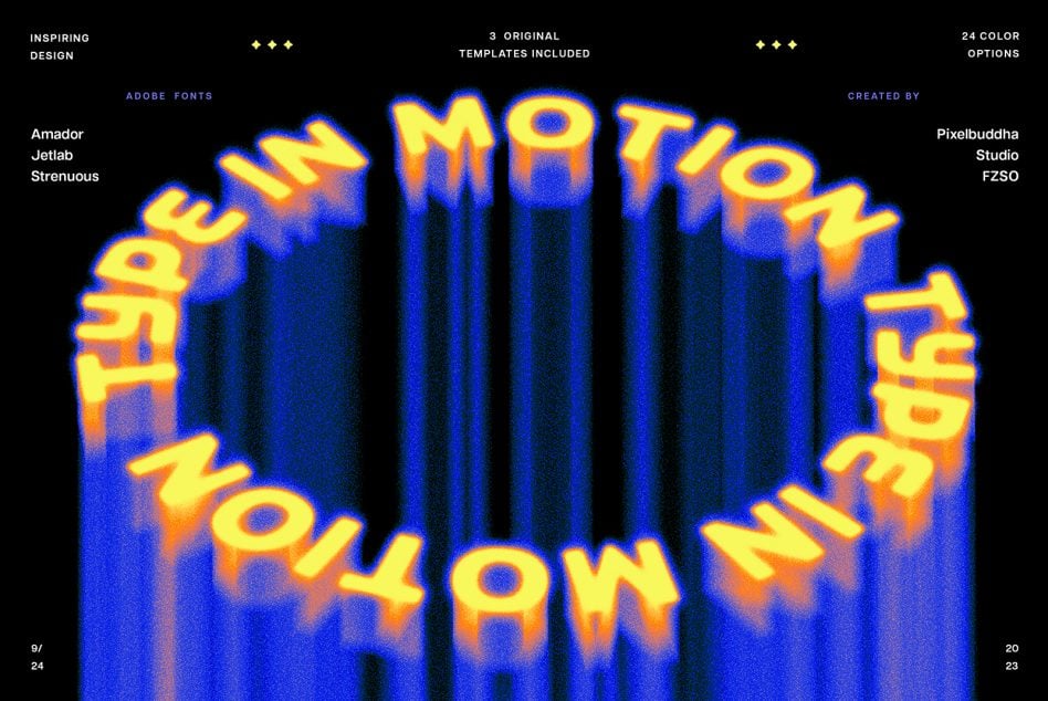 Glowing yellow 3D text with blue depth effect on black background, neon retro vibes