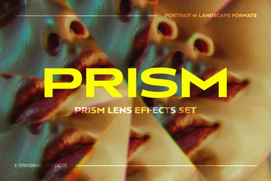 Prism lens effects set digital asset for designers. Features prism photo effects in portrait and landscape formats. Includes 3 original lens effects.