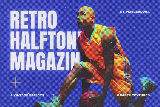 Retro Halftone Magazine cover for designers featuring vintage effects paper textures bold typography vibrant colors ideal for graphics and magazine templates