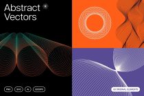 Colorful line art graphics with flowing waves, mesh circles, organic shapes across orange, purple, black backgrounds