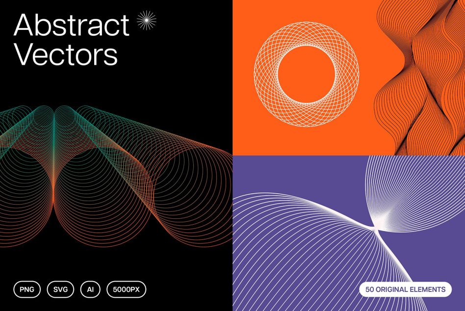 Colorful line art graphics with flowing waves, mesh circles, organic shapes across orange, purple, black backgrounds
