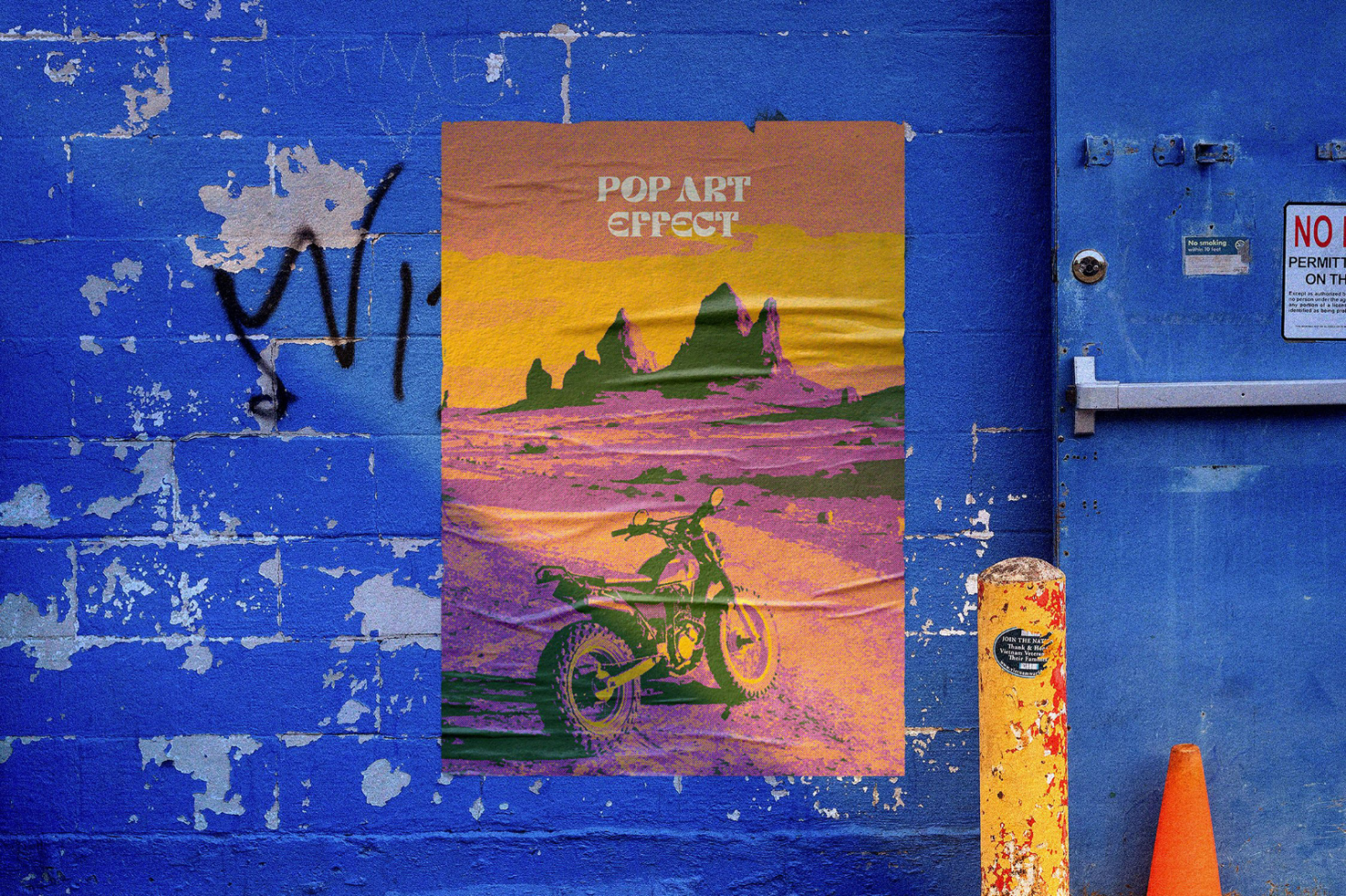 Pop art effect poster on weathered blue urban wall ideal for graphic designers and mockups showcasing vibrant colors and retro-themed designs for digital assets.