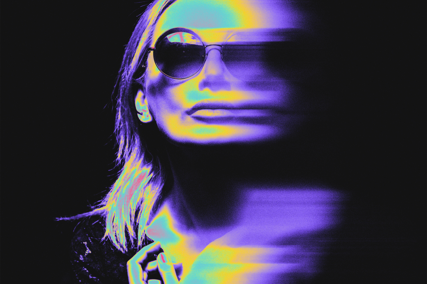 Abstract neon gradient graphic featuring a portrait of a woman with sunglasses and motion blur effect ideal for digital art and modern design templates.