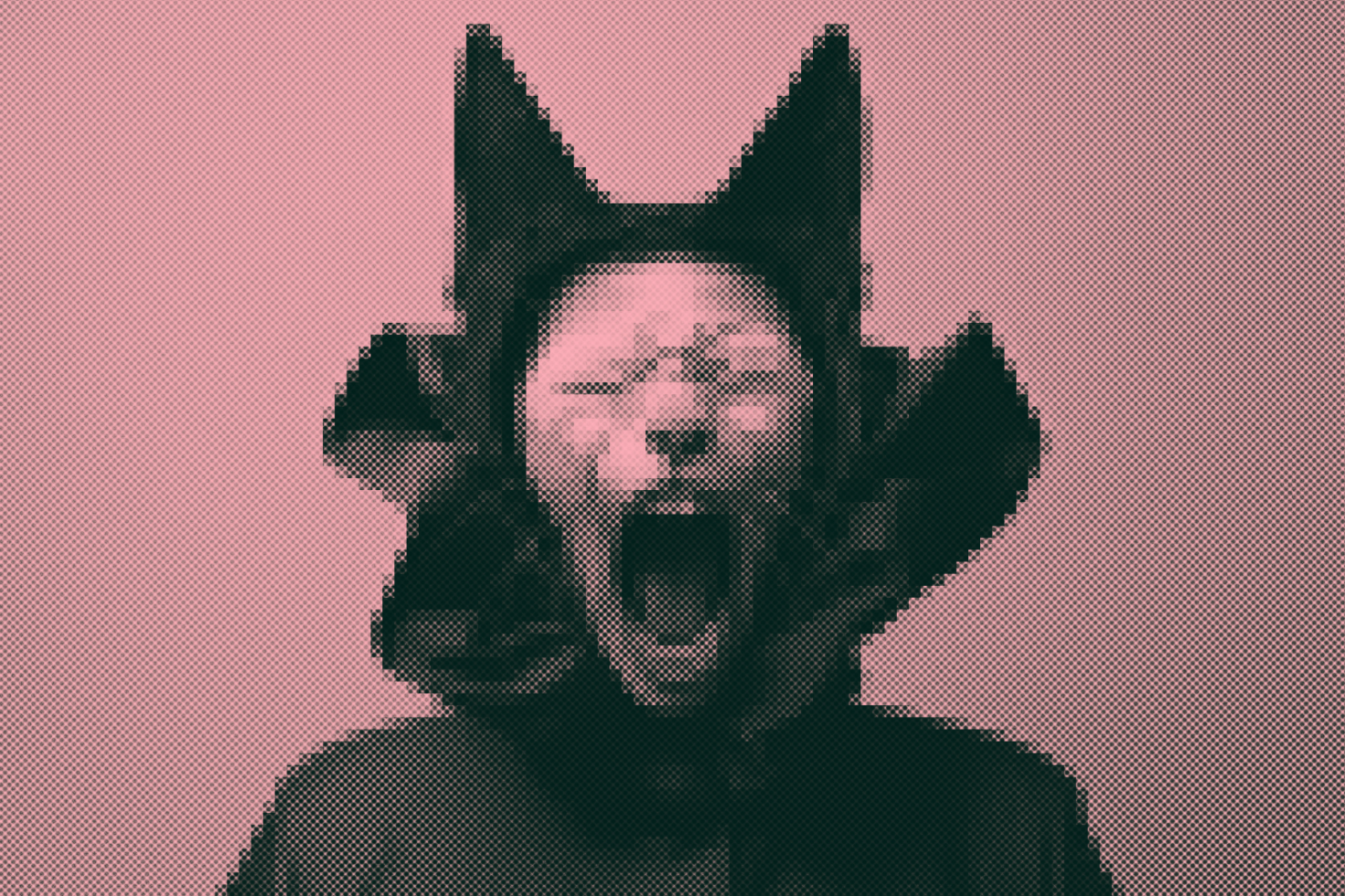 Pixelated image of a person with a cat-like mask and open mouth. Ideal for Halloween graphics, digital art projects, poster designs, and template backgrounds.