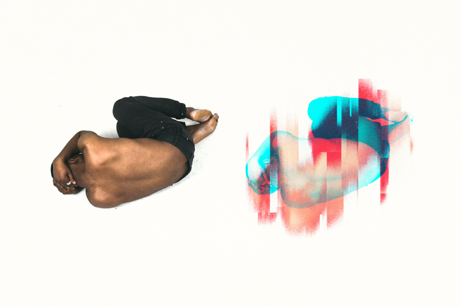 Surreal digital artwork mockup showing person lying curled up beside digital glitch effect version, perfect for modern graphic design projects.