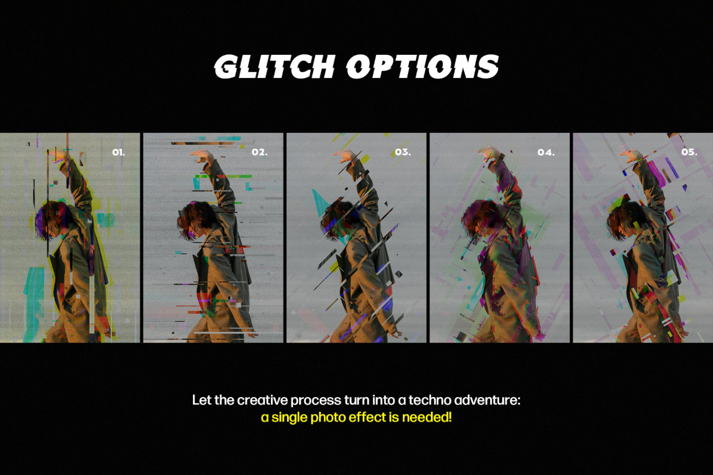 Glitch photo effect options shown in five distinct variations, perfect for digital asset marketplaces. Ideal for designers seeking trendy, techno-inspired graphics.