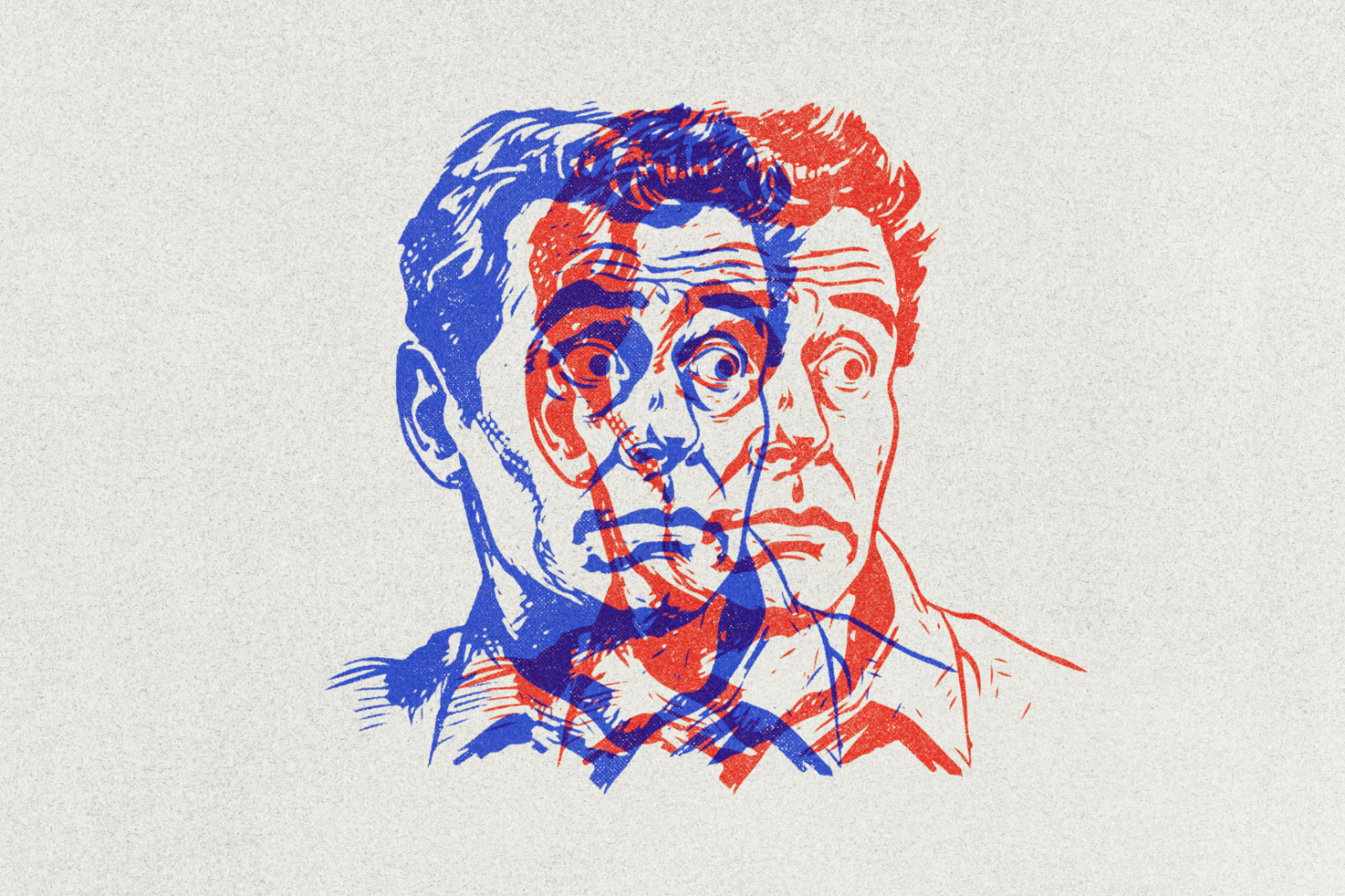 Retro style graphic with a man’s face overlaid in blue and red tones, creating a trippy double exposure effect. Vintage design for digital assets and illustrations.