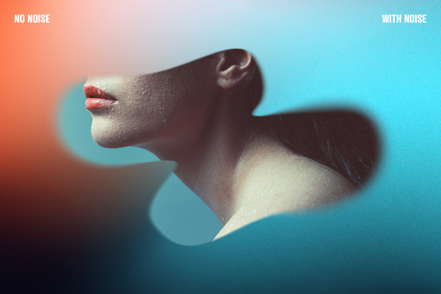 Abstract photo showing side-profile of a woman's face with No Noise and With Noise gradients, perfect for graphics, templates, and mockups. SEO keywords: noise texture, abstract, digital display.