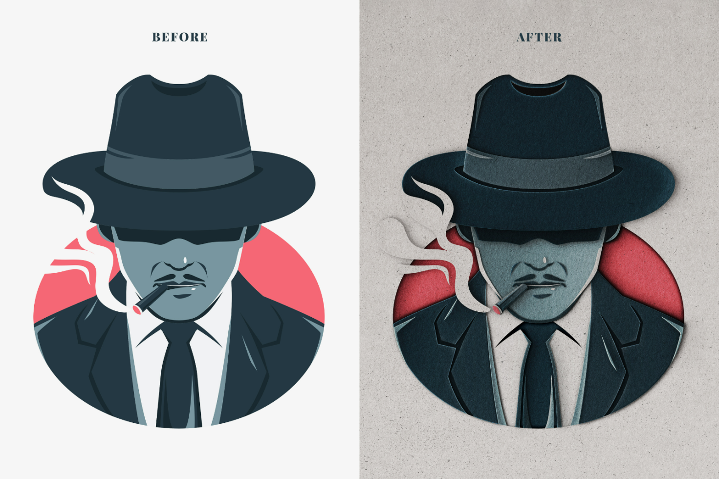 Illustration of a man in a hat smoking, before and after paper cutout effect. Ideal for designers in graphics, templates and mockups. SEO keywords: illustration, design, paper cutout.