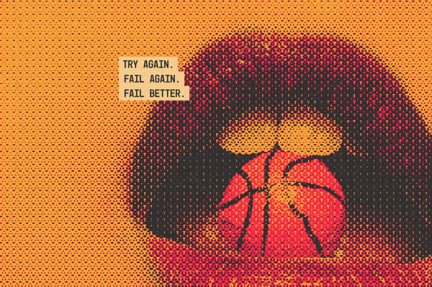 Halftone graphic design of neon lips with a basketball and motivational quote Try Again Fail Again Fail Better Templates for designers Typography