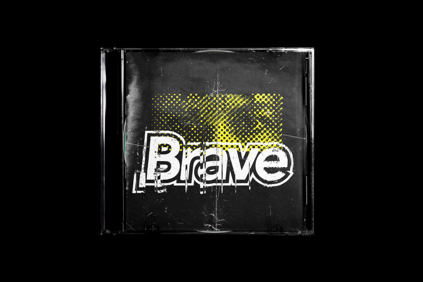 CD cover mockup featuring a distressed design with the word Brave in bold white text over a yellow halftone background. Ideal for graphic designers.