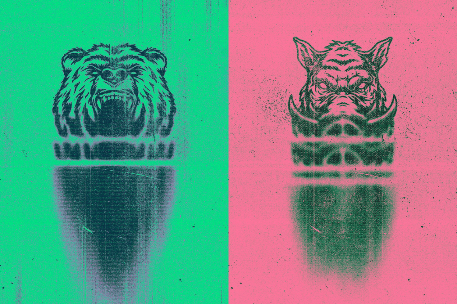 Stencil graffiti of bear and wolf on split green and pink background. Perfect for graphics designers. Graffiti art, urban design, digital asset.