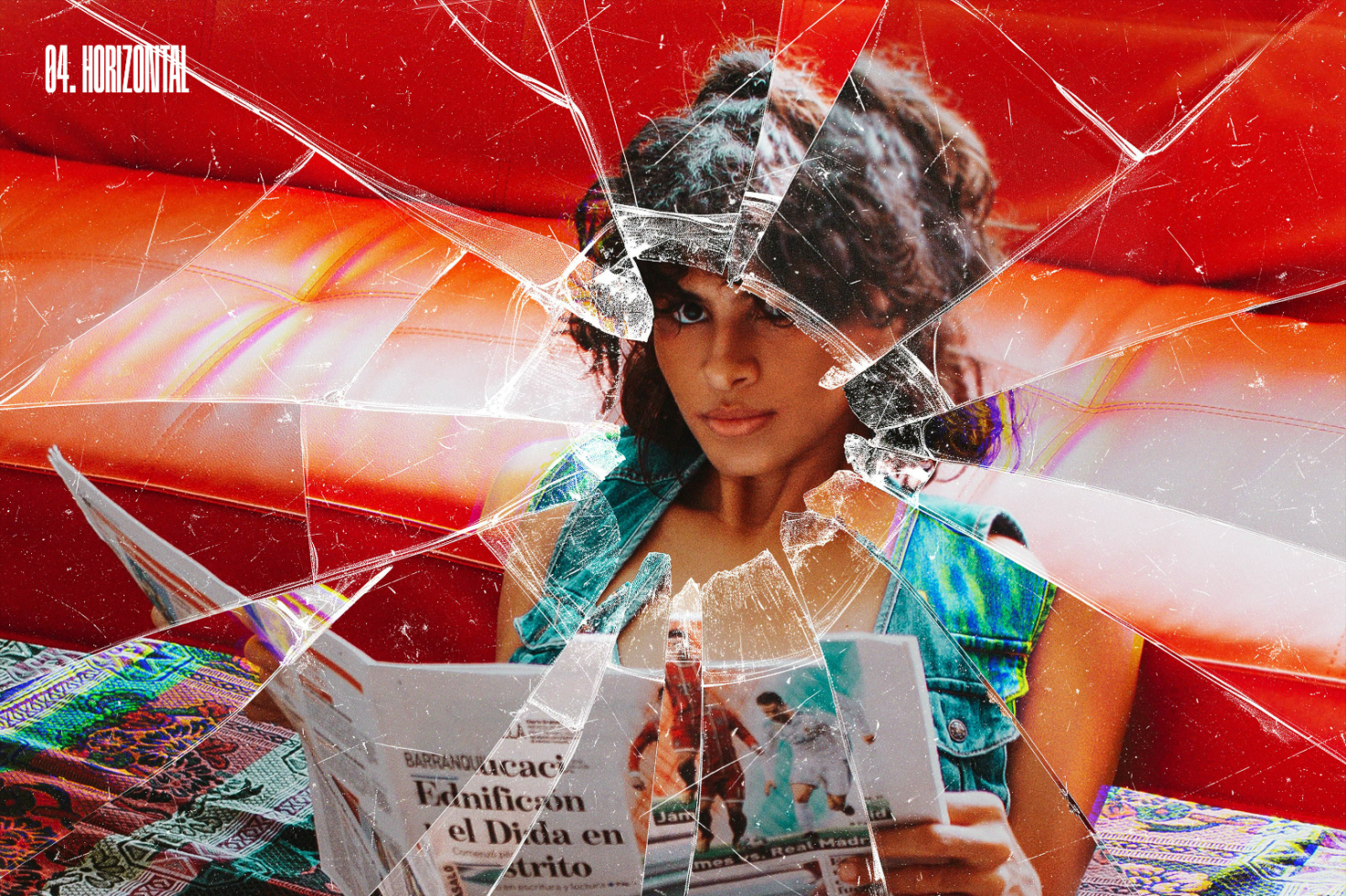 Portrait of a woman reading newspaper behind broken glass photorealistic mockup vibrant colors perfect for graphic design projects artistic templates