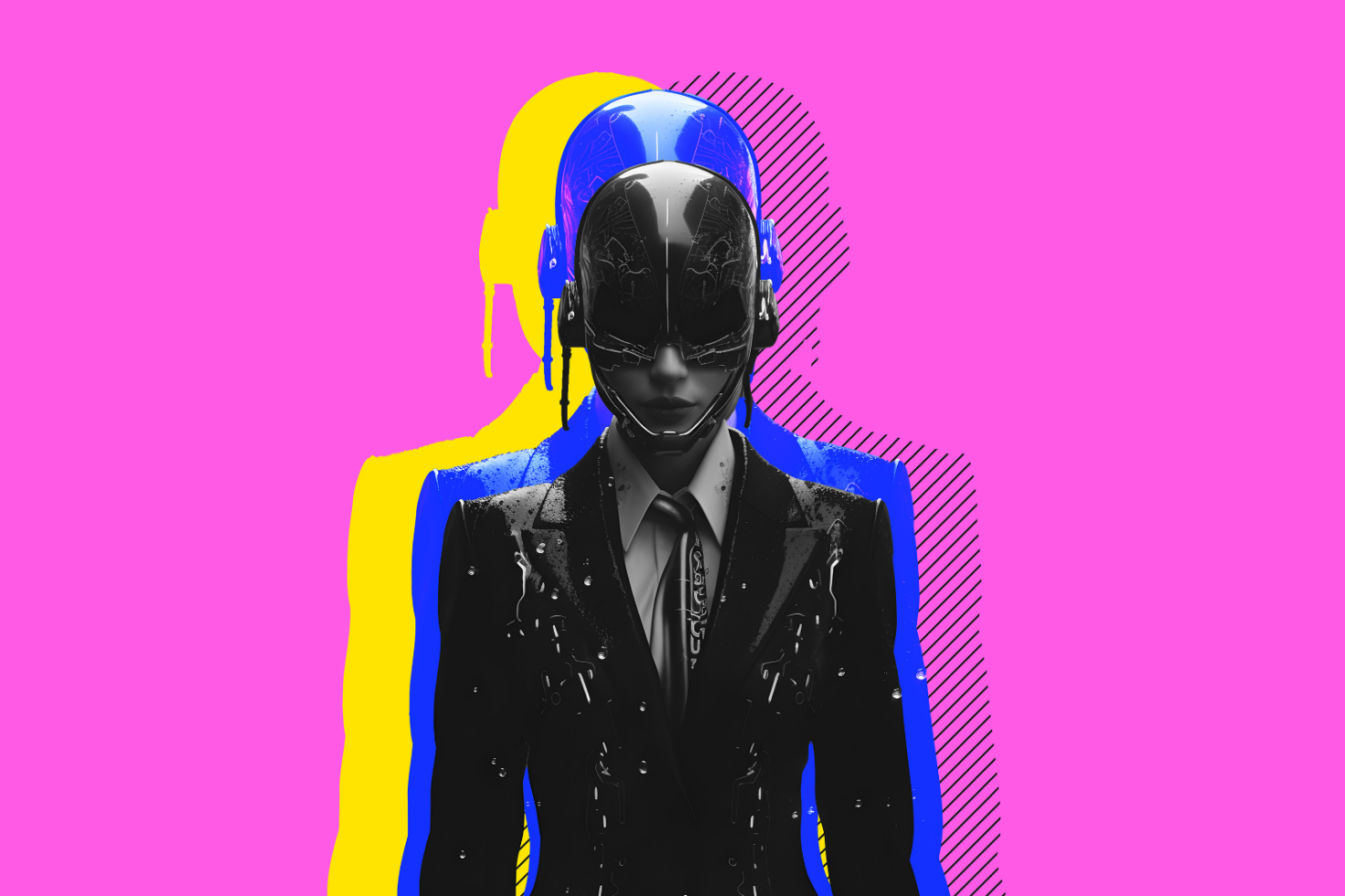 Cyberpunk robot design in suit with vibrant pink, yellow, and blue abstract background. Suitable for digital graphics, templates, or design projects.