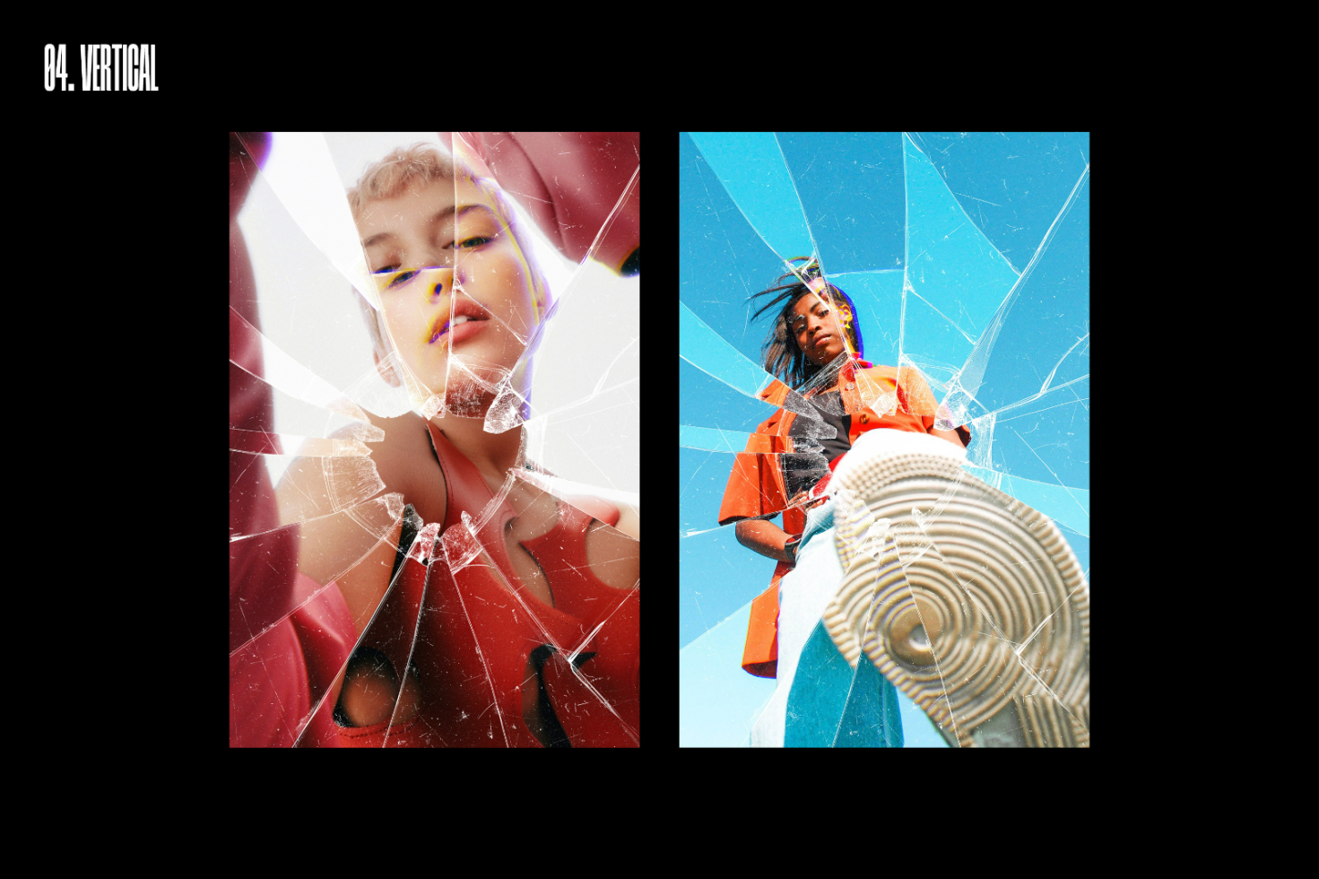 Vertical photo mockups set featuring two models behind cracked glass overlays against vivid backgrounds, ideal for vibrant graphic design projects.