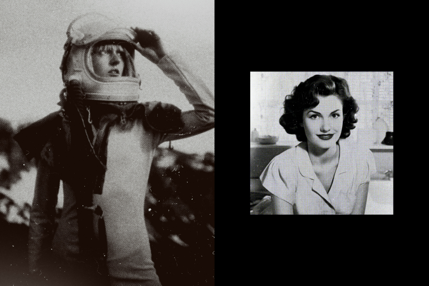 Vintage astronaut woman black and white grayscale photo with retro 1950s woman portrait showcasing classic style ideal for graphic design visual storytelling