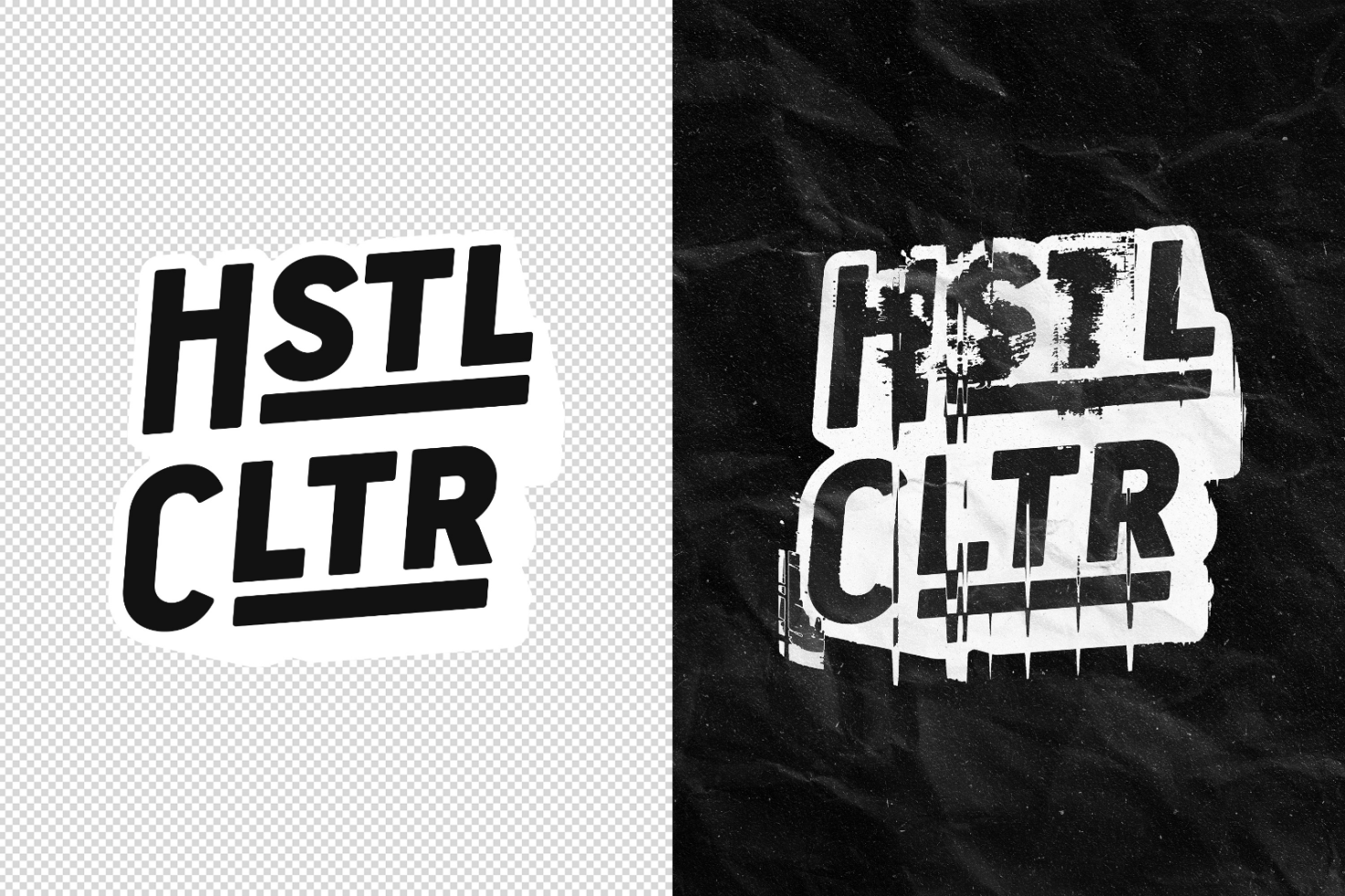 Retro typography mockup with a distressed urban look featuring bold HSTL CLTR text on transparent and textured backgrounds perfect for graphic designers.