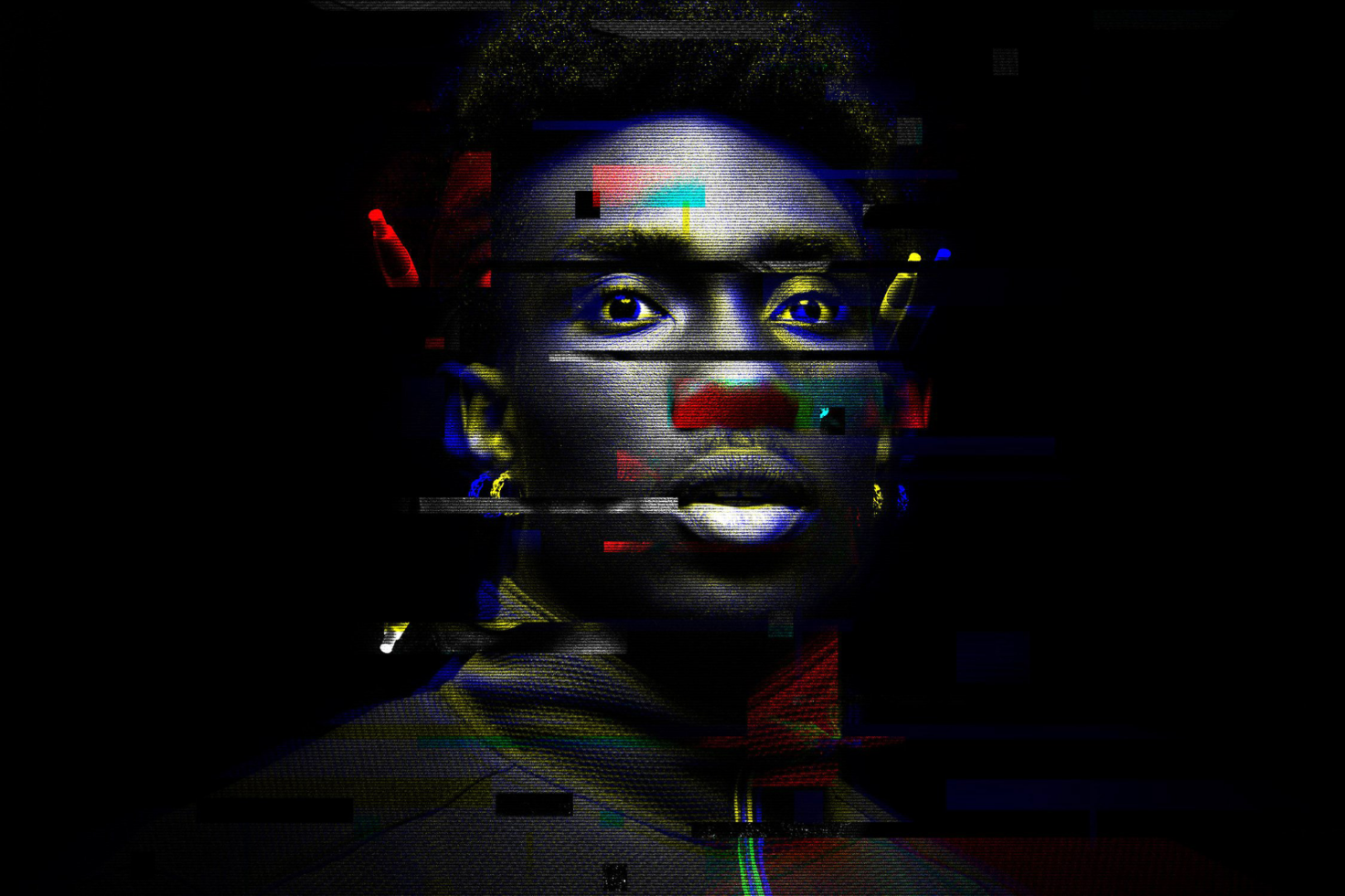 Digital glitch effect template featuring a vibrant, distorted portrait of a person. Perfect for designers creating futuristic graphics and visual projects.