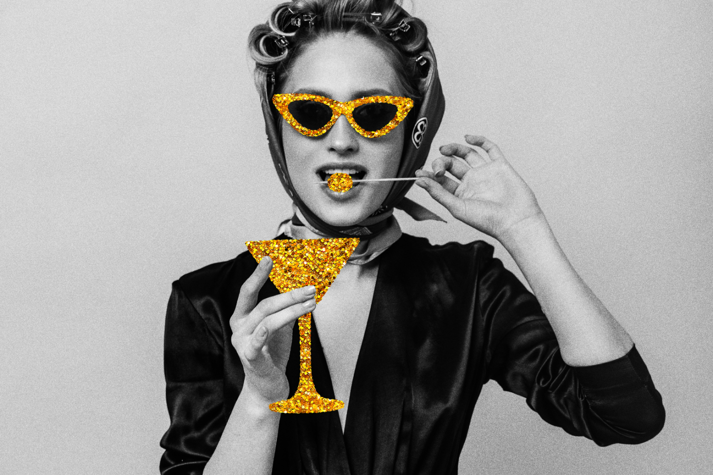 Black and white photo of a woman in vintage attire with glittery golden sunglasses, lollipop, and cocktail glass. Great for graphic design inspiration templates.